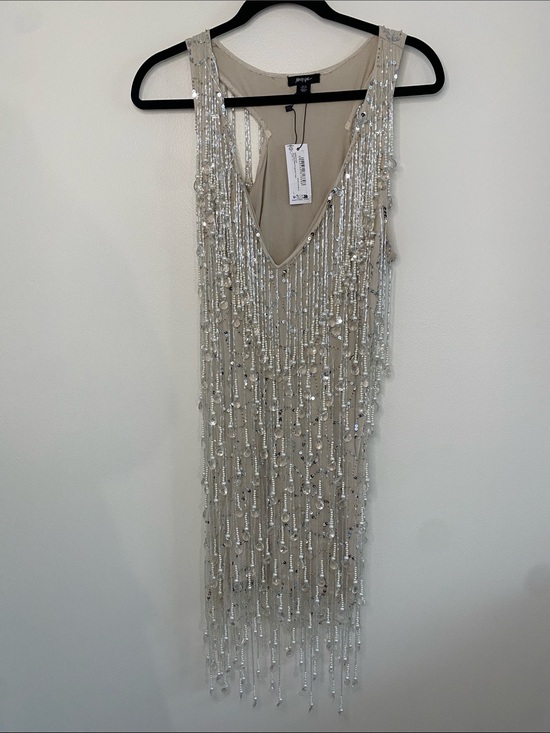 Nasty Gal Dresses & Skirts - Nasty Gal NWT Tear Drop Tassel Plunge Mini Dress Beaded Nude Size 8